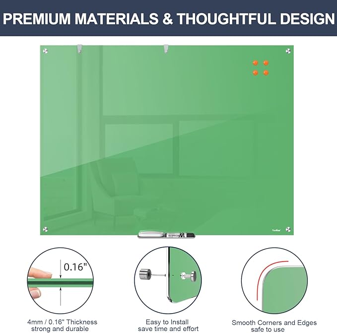 Glass Whiteboard, 48x36 Inches Magnetic Glass Dry Erase Board, Green Large White Board for Wall Office School Classroom Home, 4x3 Feet Big Dry Erase Board Wall Mounted