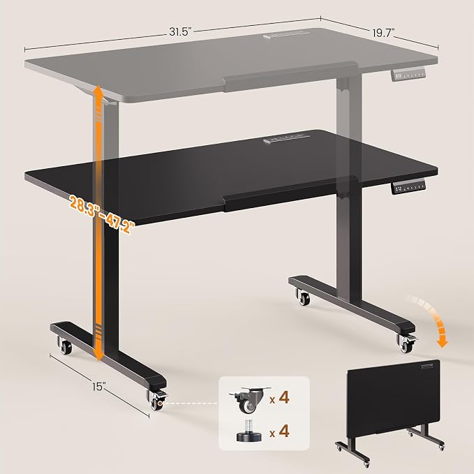 SEDETA 31.5 Inches Electric Standing Desk, 180° Tiltable Mobile Rising | Computer Desk Height Adjustable with Wheels for Drawing/Writing/Gaming/Study/Home Office/Small Space, Black