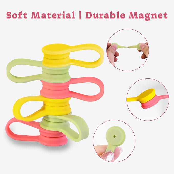 Viaky Magnetic Cable Ties 6-Pack,Silicone Twist Ties,3 Colors | Magnetic Cord Organizers for Wires, USB Cables, Earphones,Bookmark ,Reusable Cable Straps for Home,Office,Kitchen,School