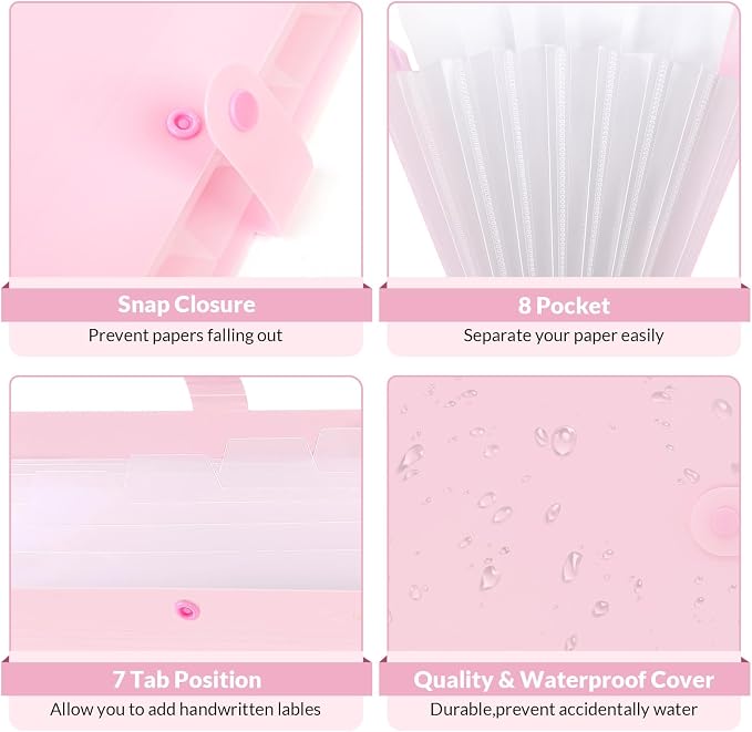 SKYDUE Accordion File Organizer, Expanding File Folder with 8 Pockets, Portable Document Paper Organizer, Letter/A4 Size Filing Folder，School Office Supplies Hospital Bag Essentials Pink