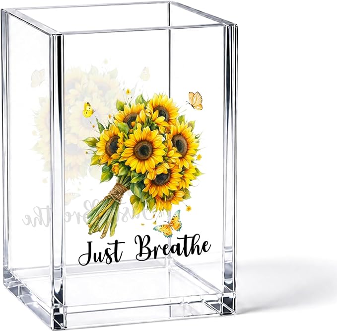 YAZMEEN Inspirational Gift Acrylic Pen Holder - Just Breathe Sunflower Desk Organizer - Office & Home Desk Decor - Birthday Gift for Women, Coworker, Friend