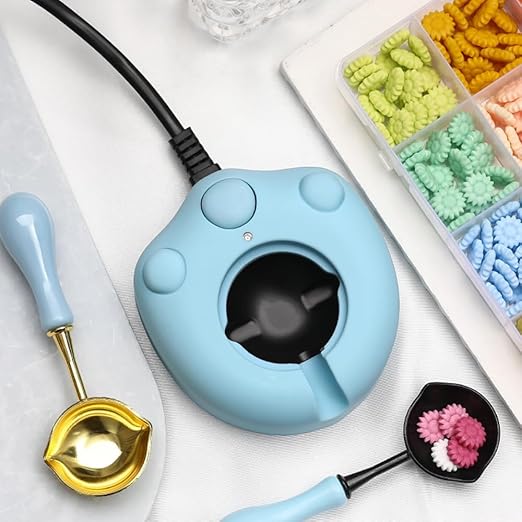 Dual-Spout Electric Wax Seal Warmer Blue with Spoon Tweezers Stirring for Melting Wax Sealing Beads