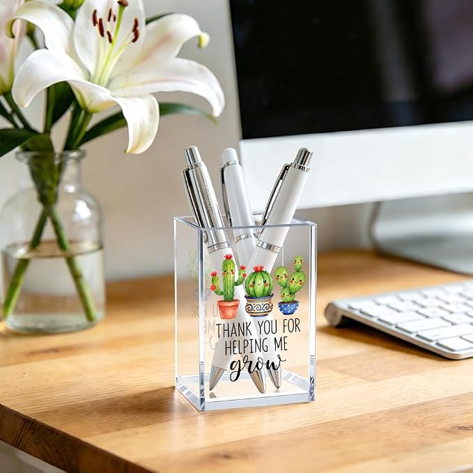 Thank You For Helping Me Grow Acrylic Cosmetic Pencil Pen Bookmark Storage Holder Cup, Funny Plant Holder Cup Gifts for Women Teacher Mentor Professor Librarian, Thank You Gifts for Teacher