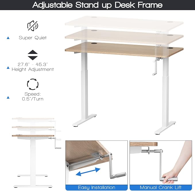 COSTWAY Crank Standing Desk Frame, Manual Hand Crank Workstation Base, Ergonomic Sit to Stand Base w/Foldable Crank Handle, Hook, Cable Management Rack (White)