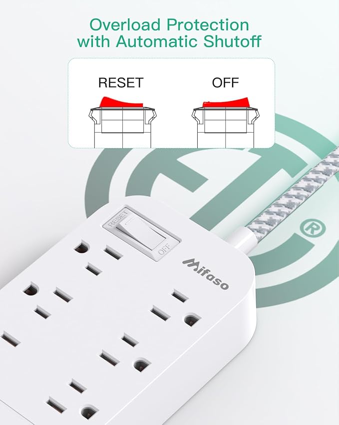 Power Strip - 10 FT Long Flat Plug Extension Cord, 6 Outlets 2 USB A 2 USB C Ports Outlet Extender with Overload Protection, Wall Mount, Desktop Charging Station for Home, Office and Dorm Essential