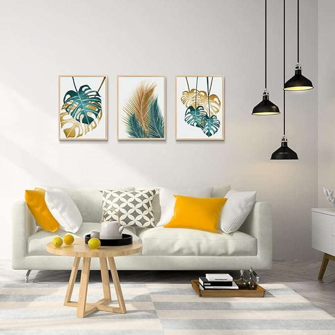 Natural Wood Framed Wall Art For Living Room Wall Decorations For Bedroom Kitchen Wall Decor Dining Room Leaves Painting Abstract Wall Pictures Artwork Bathroom Home Decor 3 Piece Framed Art Prints