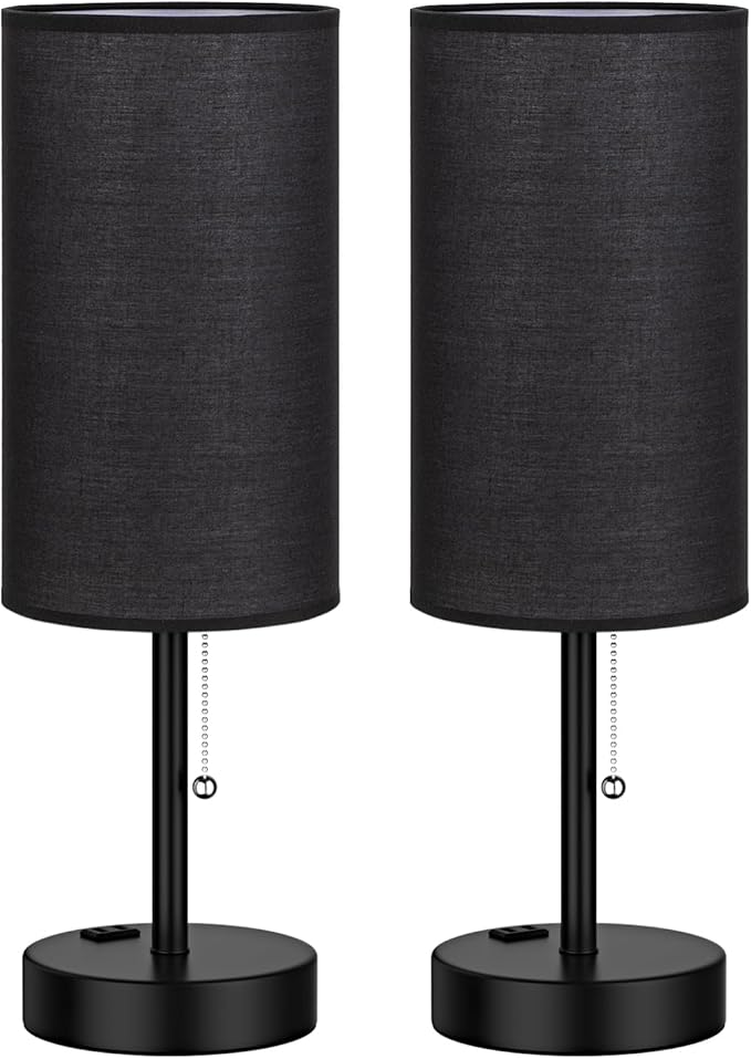 Fenmzee 17.4" Large Black Bedside Lamps Set of 2-3 Color Temperatures Pull Chain Lamp with AC Outlet Charging Port, Two Round Night Stand Lamps for Bedroom Guest Room Office