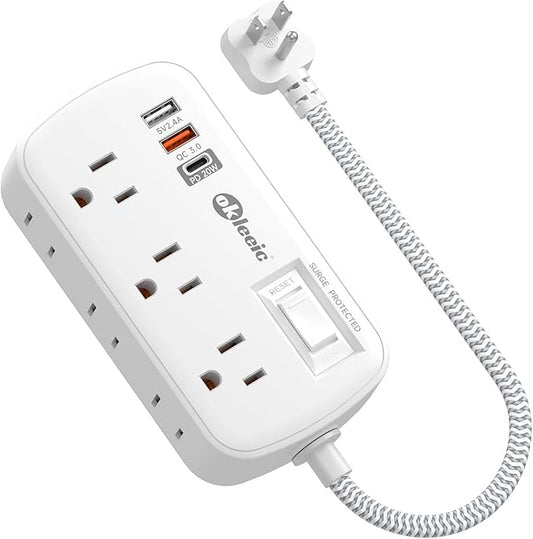 PD 20W USB C Surge Protector Power Strip, Travel Power Strip with 3 USB(1 USB C) Ports and 6 Outlets, Short Extension Cord 1 Ft, PD 20W Fast Charging Station, Wall Mount for iPad Pro iPhone Samsung
