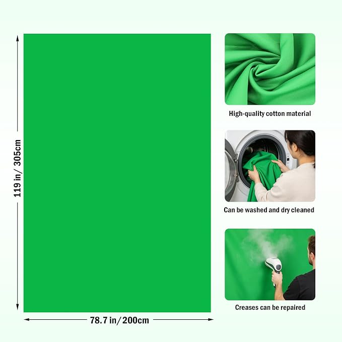 Green Screen Backdrop Kit - 10ft Wide x 6.5ft Tall Portable Green Screen with Heavy Duty Stand, 5 Heavy Duty Clamps & Carrying Bag for Professional Photography, Video Production, Gaming, Zoom Calls
