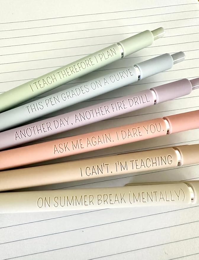 6 Pen Set｜Teacher Life Essentials Engraved Soft Touch Pens｜Funny Gift for Teacher Appreciation｜Back to School Supplies (Silver Pastel)