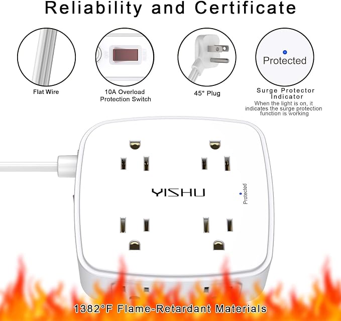 10 Ft Surge Protector Power Strip - YISHU 8 Widely Outlets with 4 USB Ports, 3 Side Outlet Extender with 10 Feet Flat Extension Cord, Ultra Flat Plug, Wall Mount, Desk USB Charging Station, ETL, White