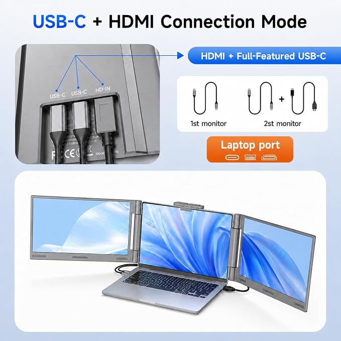 AOC 14" Laptop Screen Extender, Triple Portable Monitor for 13”-17.3" Laptops, 1080P FHD IPS Display, HDMI/USB-C Cable Plug-Play, Laptop Monitor Extender for Mac/Windows (Silver)