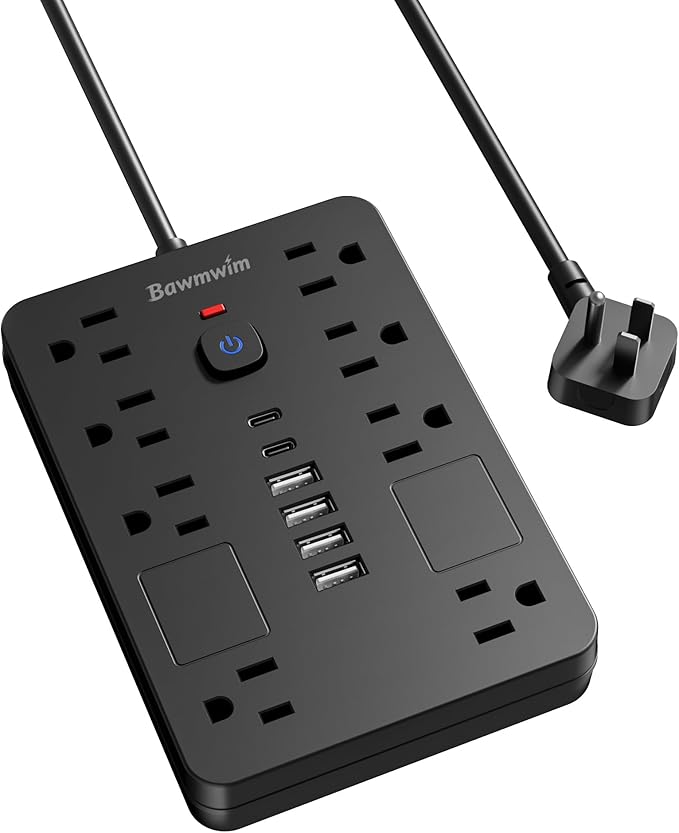 Surge Protector Power Strip - 8 Outlets(1850W/15A/14AWG) with 6 USB Ports（2 USB C, 6FT Flat Plug Extension Cord, Wall Mount Multi Plug Outlet Extender, ETL Listed for Home, Dorm Room, Black