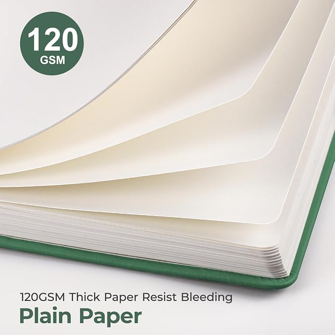 AHGXG Blank Journal Notebook, 160 Pages, A5 Medium Size (5.7'' x 8.3''), 120 GSM Thick Paper, Leather Hardcover, for Sketching, Drawing, Painting (Dark Green)