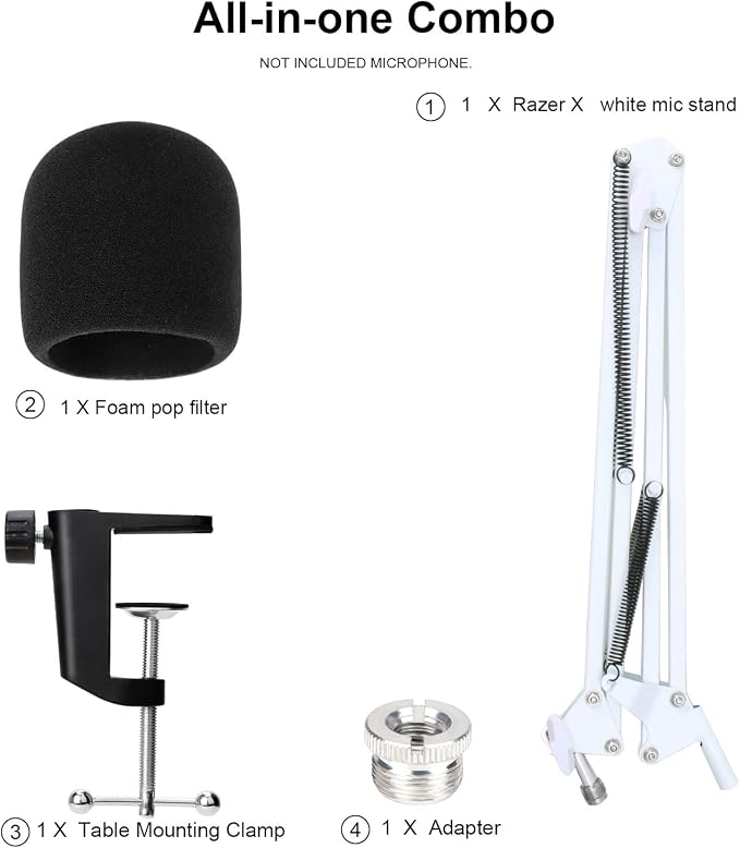 YOUSHARES White Mic Stand with Pop Filter - Microphone Boom Arm Stand with Foam Cover Windscreen for Blue Yeti, Blue Yeti Pro Mic