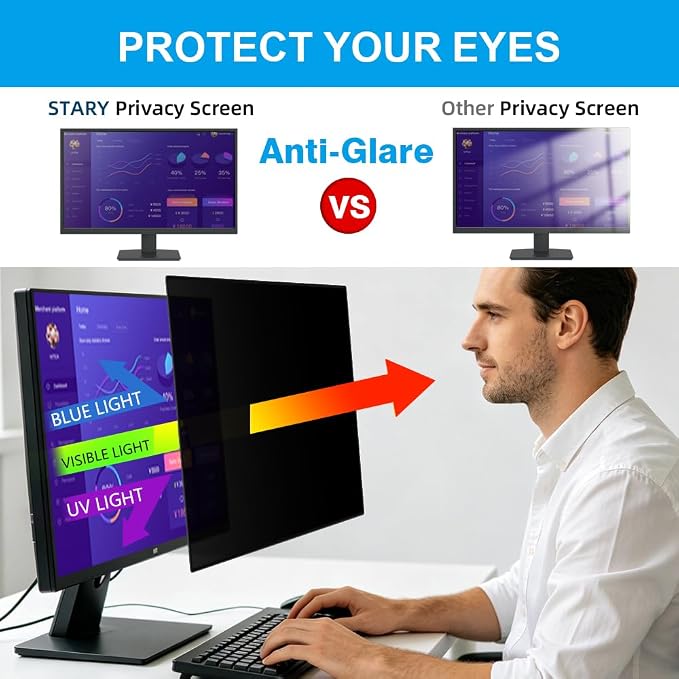 STARY 2-Pack 24 Inch Privacy Screen for Computer Monitor 16:9 Aspect Ratio, Eye Protection, Anti Blue Light, Glare Shield, Removable Black Blackout Anti Spy Desktop Security Private Filter
