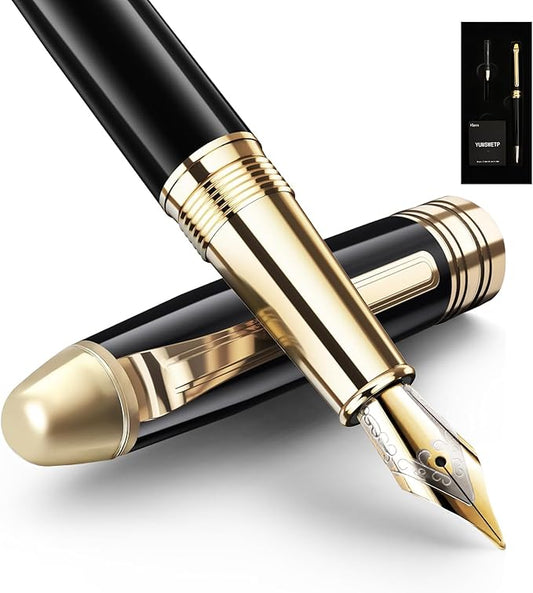 Luxury Fountain Pen Gift Set For Writing Smooth, Fine Nib, Includes Refillable Ink Converter &10 Black 3.4mm Ink Cartridges Metal Pen,Journaling Fancy Pen