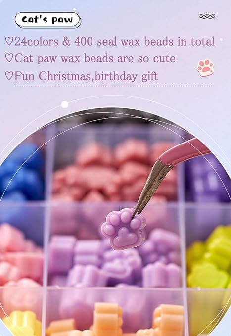 Wax Seal Cat Paw Beads Kit with Stamp, 23 Colors Sealing Wax Pellets with Christmas Tree Crystal Ball Style Brass Stamp for Christmas Invitation Letter Envelope Gift Cards 322Pcs Beads