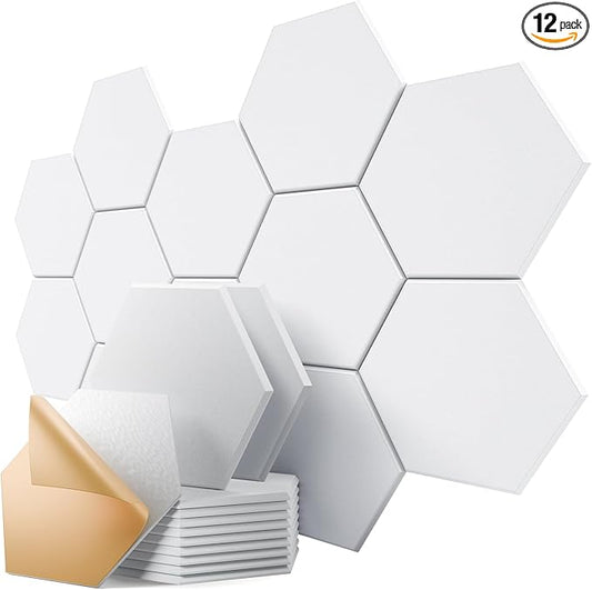 12 Pack Self-Adhesive Acoustic Panels 12" X 10" X 0.4" - Sound Proof Foam Panels for Walls, Stylish Hexagonal Design, Flame Resistant, Absorb Noise and Eliminate Echoes(Pure White)