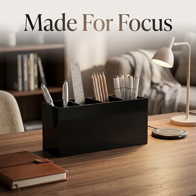 4 Compartment Black Acrylic Pen Holder for Desk, Large Desktop Organizer & Pencil Cup, Makeup Brush Holder for Countertop, Multi-functional Pen Pencil Brushes Holders Caddy (Opaque Black)
