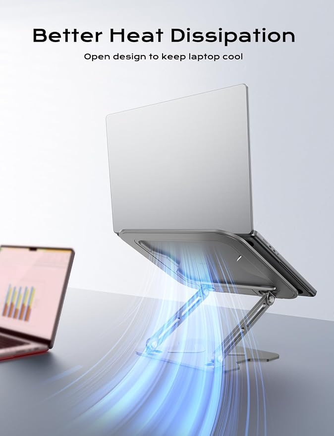 JCZT Adjustable Laptop Stand for Desk, Metal Foldable Laptop Riser, Portable Laptop Holder Mount, Ventilated Cooling Computer Notebook Stand for MacBook Air Pro, All 10-16'' Notebooks Laptops Grey