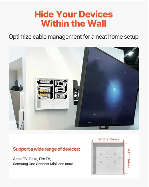 VEVOR Structured Media Enclosure, 14-Inch, Recessed in-Wall Media Box with Cover, Wall-Mount Cable Management Box Kit, Structured Wiring Multi-Media Cabinet, Cold-Rolled Steel, for TV Home Theater