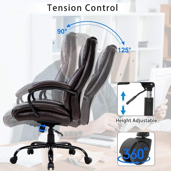 Big & Tall Executive Office Chair Heavy Duty 500LBS Computer Desk Chair Ergonomic High Back Task Rolling Swivel Chair with Lumbar Support Armrest PU Leather Classic Executive Chair for Adult, Brown