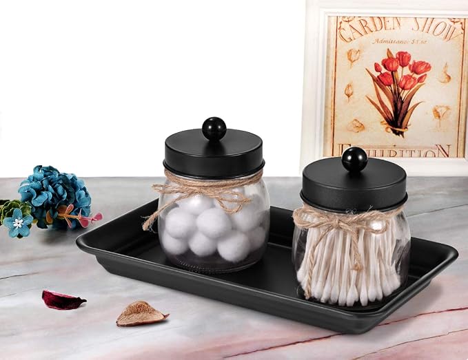 SheeChung Metal Vanity Tray, Bathroom Counter Storage Tray, Black 4 Pack | Sturdy Decorative Tray Holder, Farmhouse Vintage Decor Accessories for Perfume, Cosmetics, Jewelry, Makeup, Guest Hand Towel