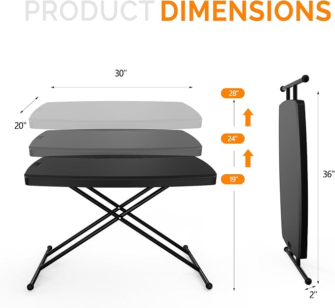 VINGLI Small Folding Table Portable, 30" Adjustable Height Personal Laptop TV Tray, Camping Table, HDPE Plastic Top with Steel Frame,Black