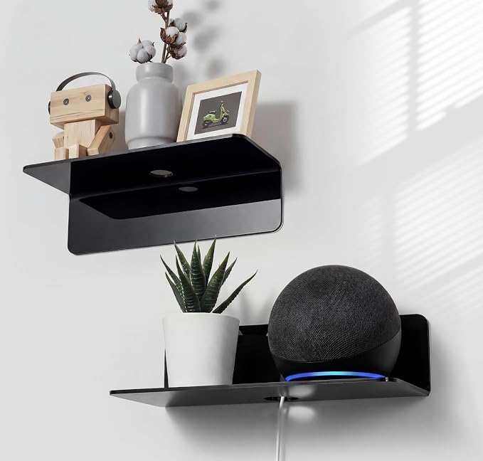 OAPRIRE Acrylic Floating Wall Shelves Set of 2, Damage-Free Expand Wall Space, Small Display Shelf for Smart Speaker/Action Figures with Cable Clips