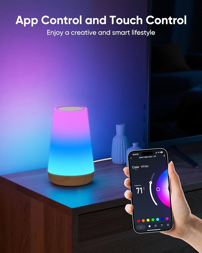Smart Table Lamp Compatible with Alexa, Dimmable Nursery Night Light with App/Voice Control & Music Sync, RGB Warm Light Bedside Lamp for Kids with Timer, Cable and Adapter Included
