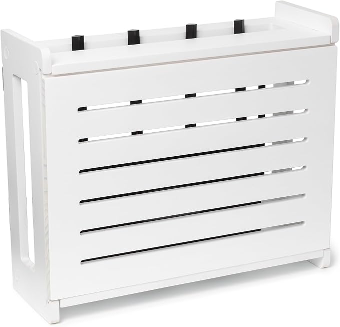 WiFi Router Storage Cabinet Router Box Hider WiFi Box Hider Shelf Cover | Standard • Pine Wood • White Finish • Seamless Side Panel Design • Fits Routers Up To 11" • Wall Mount Or Desktop Placement