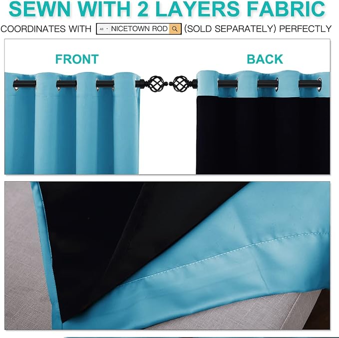 NICETOWN 100% Blackout Short Curtains with Black Liners, Thermal Insulated Full Blackout Lined Drapes, Energy Efficiency Window Draperies for Boy's Room (Teal Blue, 2 Panels, 52-inch W by 45-inch L)