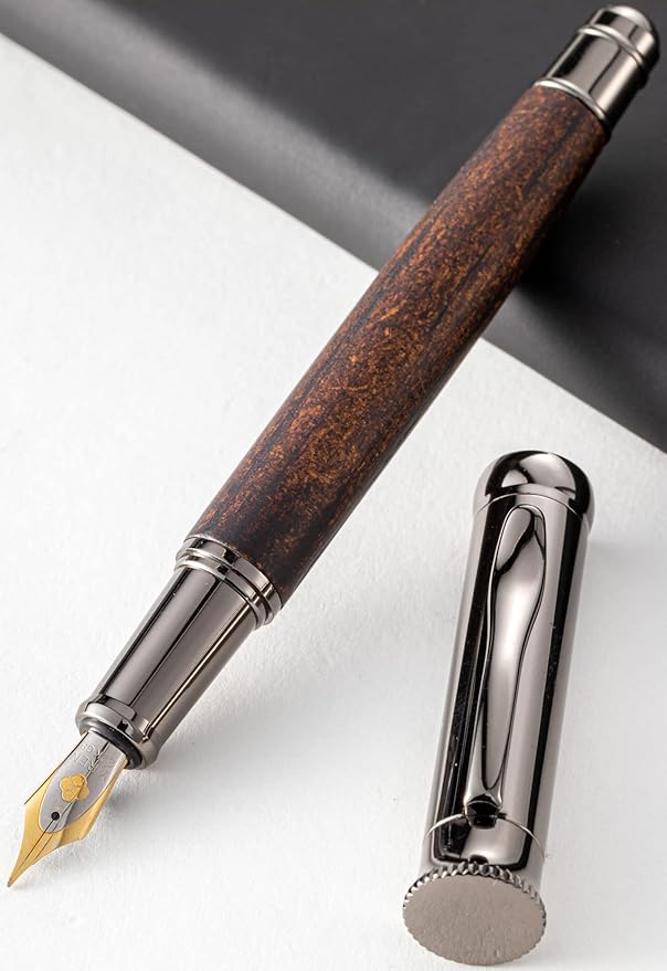 Executive Classic Style Fountain pen - Gun Grey Polished metal with Artisanal Wood - Includes Converter Piston and 6 Ink Cartridges (Walnut)