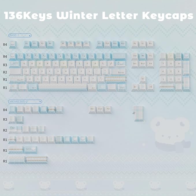 PBT Keycaps, Minimalist Blue Keycaps Set, 136 Keys Cherry Profile Keyboard Caps, Custom Dye-Sublimation Key Cap for 61/64/68/84/87/100/104/108 Cherry MX Mechanical Keyboards (Winter Letter)