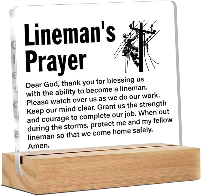 Lineman Gifts Desk Accessories Decor Sign for Line Worker | Graduation Gift, Lineman Prayer, Home Office Desk Decorative Sign, Clear, Acrylic, 4 x 4 Inches