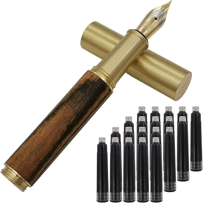 Handcrafted Brass Wooden Fountain Pen Short Paragraph (85mm) Pocket Mini Travel Pen with 20 Pcs Black Ink Cartridges, Brownish Black Stripes