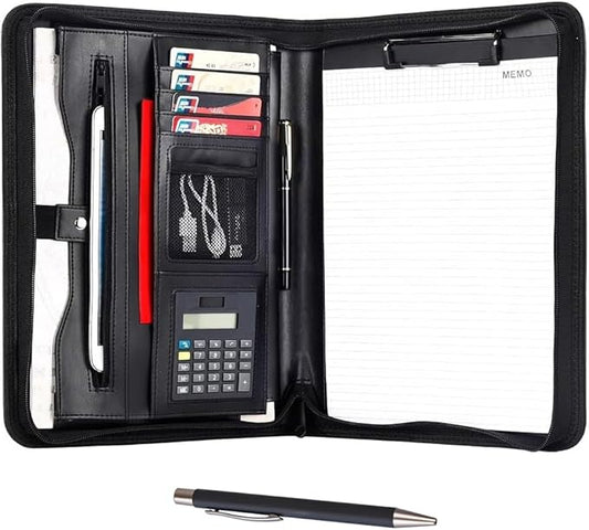 Eshow Leather Portfolio Professional Business Padfolio with Zipper - Interview Resume Notefolio Premium Legal Document Organizer with Card Holder, Writing Pad and File Folders for Men and Women