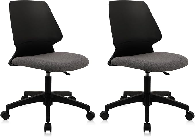 CLATINA Armless Adjustable Height Desk Chair with Wheels, Upholstered Swivel Computer Task Chair, Comfy Small Office Reading Chair for Home & Meeting Room, Black, 2 Pack