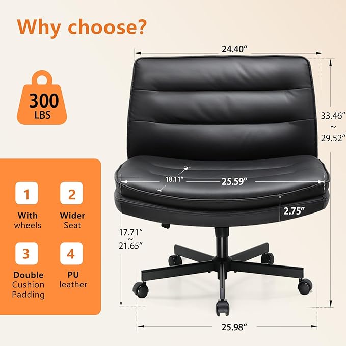 COMHOMA Criss Cross Chair with Wheels Armless Cross Legged Office Chair Wide Home Office Desk Chair Swivel Comfy Vanity Desk Chair Height Adjustable Mid Back Wide Seat Computer Task Chair