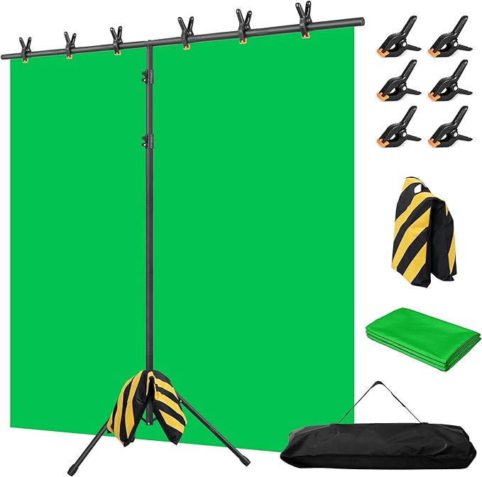 Green Screen Backdrop with Stand, 6.5x5ft Portable Greenscreen Background with Stand, T-Shape Green Screen Stand kit with 6 Spring Clamps, Sandbag, Carry Bag for Zoom, Video