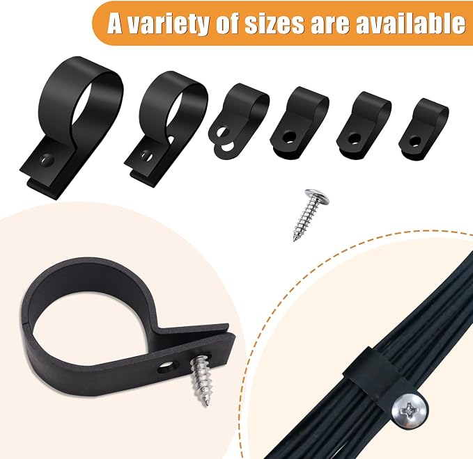 mankk 222PCS Cable Clips Wire Clips Assortment Kit Nylon Plastic R-Type Cable Clamps 6 Sizes (3/16'' 1/4'' 3/8'' 1/2'' 3/4'' 1'') Wire Mounting Clips with Screws for Cable Management