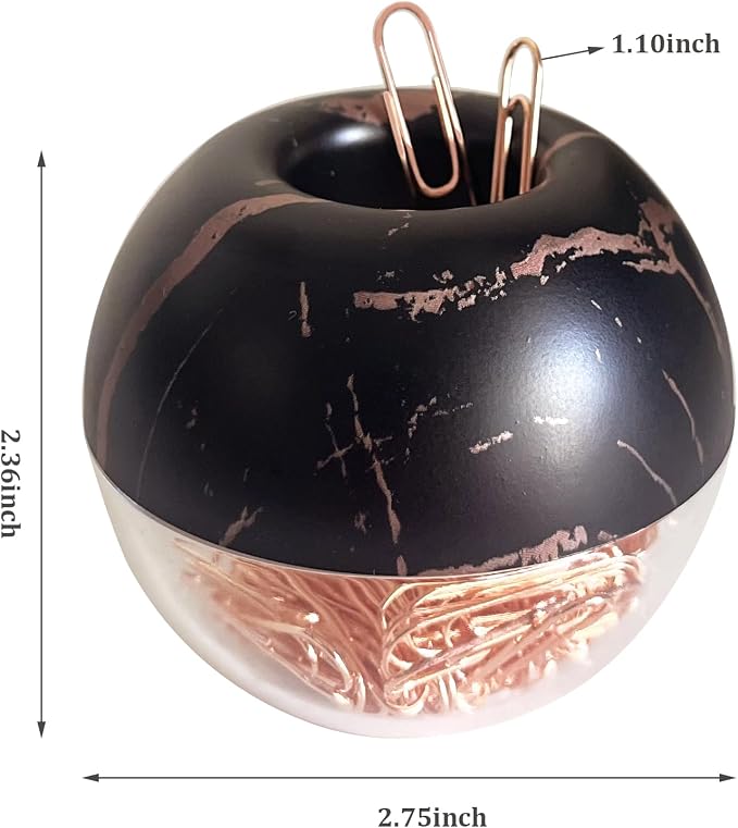 Magnetic Paper Clip Holder, Black Marble Holder with Rose Gold PaperClips 100pcs 28mm(1.1") Cute Office Supplies for Desk Organizer