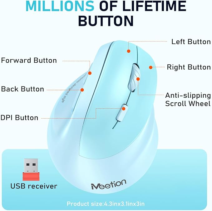 MEETION Ergonomic Mouse, Wireless Vertical Mouse RGB Backlit Rechargeable Mice for Bluetooth(5.2 + 3.0) & USB, 4 Adjustable DPI Mac/Windows/Andriod/PC/Tablet/iPad Blue