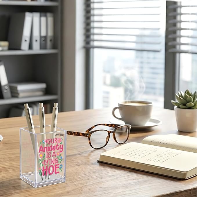 Your Anxiety Is A Lying Hoe Acrylic Organizer Pencil Pen Holder, Floral Desk Organizer, Humor Mental Health Gifts for Anxiety Coworker Friend Student, Self-Care Gifts for Daughter Niece Sister