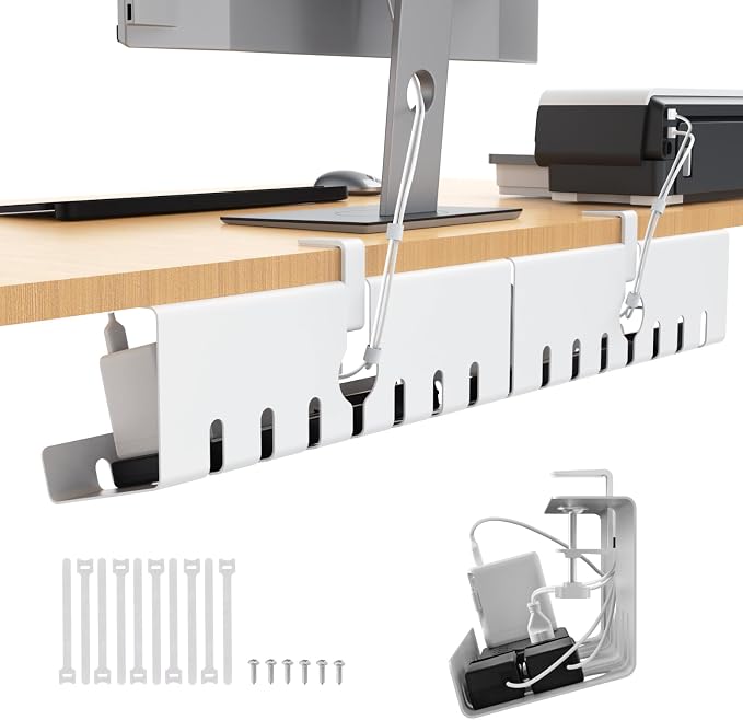 Syeeiex Under Desk Cable Management, Cord Organizer, White, 17inch, 2 Set | No-Drill C-Clamp and Screw Mount, Metal Cable Management for Office Home Workspace, Cord Management with 10 Cable Ties