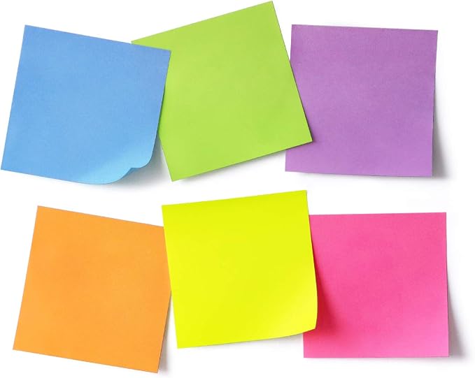 Sticky Notes 3x3 Self-Stick Notes Pads with 6 Bright Colors, Easy to Post for Office, School, Home, 6 Pads/Pack, 100 Sheets/Pad (Standard)