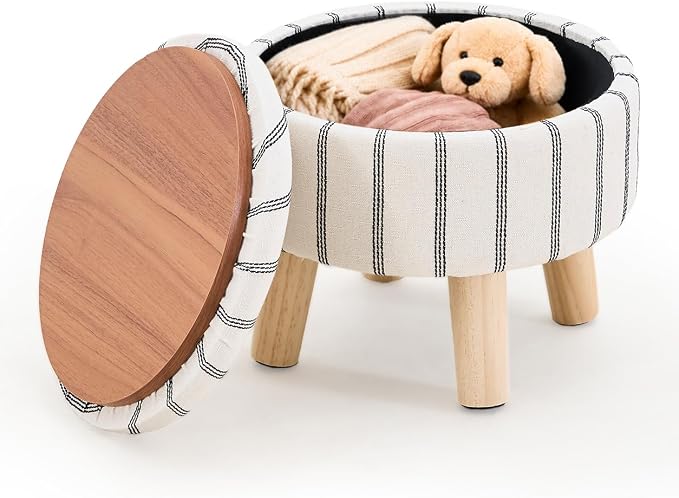 Wimarsbon Storage Ottoman, Modern Round Footrest with Soft Padded Seat, Striped Fabric Footstool with Wood Legs, Accent Small Table or Plant Stand for Hallway, Living Room (Black and White)