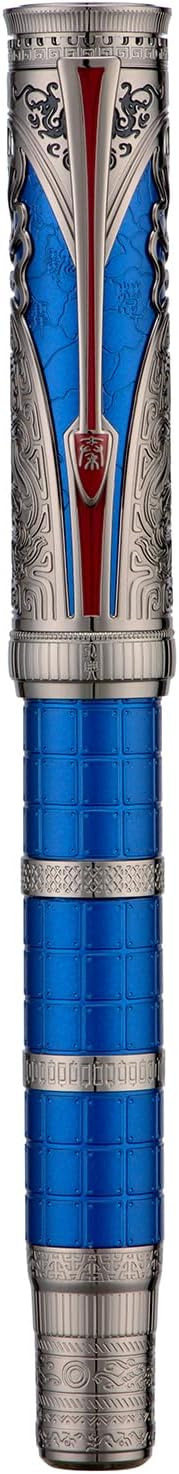Hongdian D5X Fountain Pen Blue Color Medium Nib, Qin Dynasty Retro Chinese Totem Engraving Smooth Writing Pen with Converter and Pen Box Set