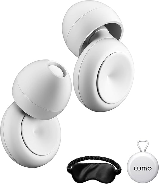 Lumo Ear Plugs for Sleeping - 28dB Reusable Silicone Ear Plugs for Noise Reduction with Silk Sleep Mask | Work & Concert Hearing Protection | Customizable & Comfortable Noise Reducing Earplugs (White)